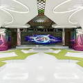 Futuristic Interior Space Design With Geometric Green Seats LED Lights And Large Screen