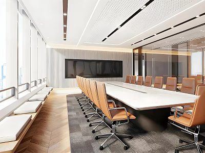 Modern Conference Room Interior With Long Table Orange Chairs Large Screen And Windows 3d model