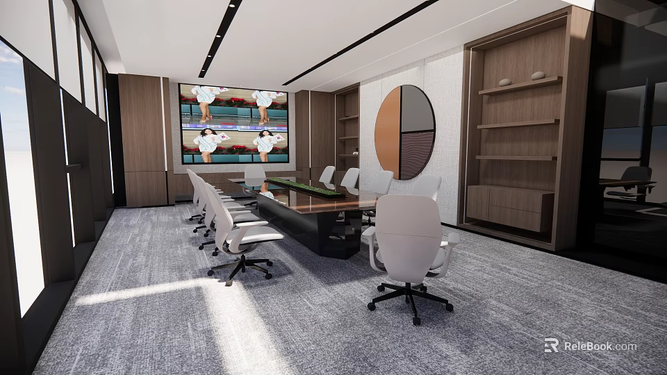Modern Conference Room With Large Screen White Chairs Wooden Bookshelves And Circular Decor 3d model 