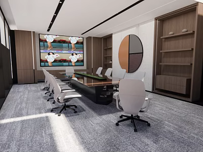 Modern Conference Room With Large Screen White Chairs Wooden Bookshelves And Circular Decor 3d model