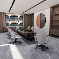 Modern Conference Room With Large Screen White Chairs Wooden Bookshelves And Circular Decor