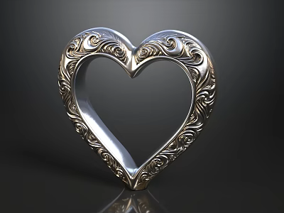 Silver Heart Shaped Decorative Object With Intricate Patterns And Black Background Reflection 3d model