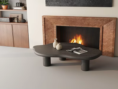 Modern Single Sofa Living Room With Fireplace Dark Coffee Table White Vases And Magazine 3d model