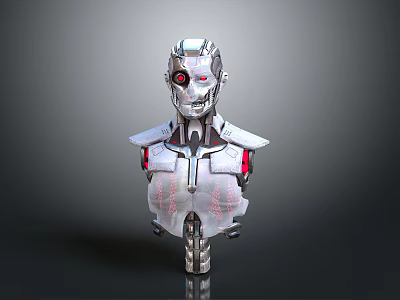 Silver Mechanical Robotic Bust With Red Eye And Glowing Chest Lines 3d model