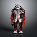 Game Movie Character With Wolf Head Pointed Ears Red Brown Coat White Vest And Claws