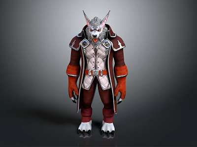 Game Movie Character With Wolf Head Pointed Ears Red Brown Coat White Vest And Claws 3d model