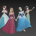 Group of Four Disney Princesses with One Waving in Different Colored Dresses on Pink Background