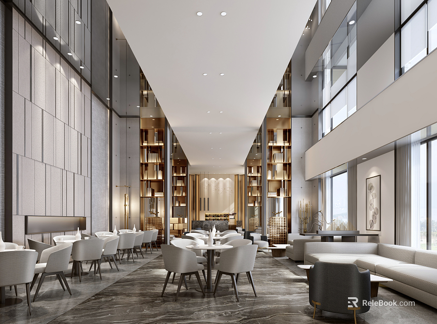 Elegant Hotel Public Lounge Area With Stylish Lighting Large Windows And Comfortable Seating 3d model 