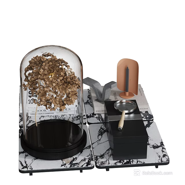 Modern Minimalist Decorative Ornament Set With Glass Dome Dried Flowers And Marble Tabletop 3d model 