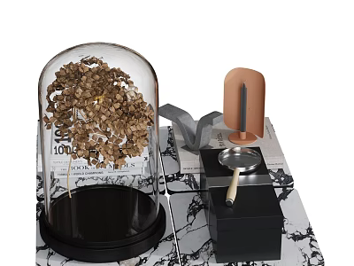 Modern Minimalist Decorative Ornament Set With Glass Dome Dried Flowers And Marble Tabletop 3d model