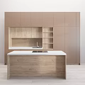 Warm Brown Kitchen Interior With Wooden Cabinets And White Countertop Island