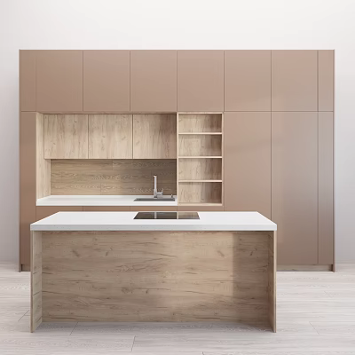 Warm Brown Kitchen Interior With Wooden Cabinets And White Countertop Island 3d model
