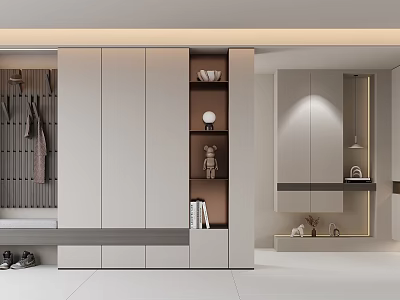 Modern Shoe Cabinet Interior Design With Open Shelves Decorative Items And Coat Hanging Space 3d model