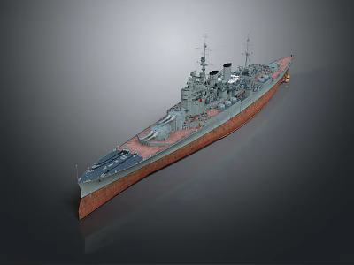Detailed Battleship 3D Model With Gray Hull Red Bottom And Deck Turrets 3d model