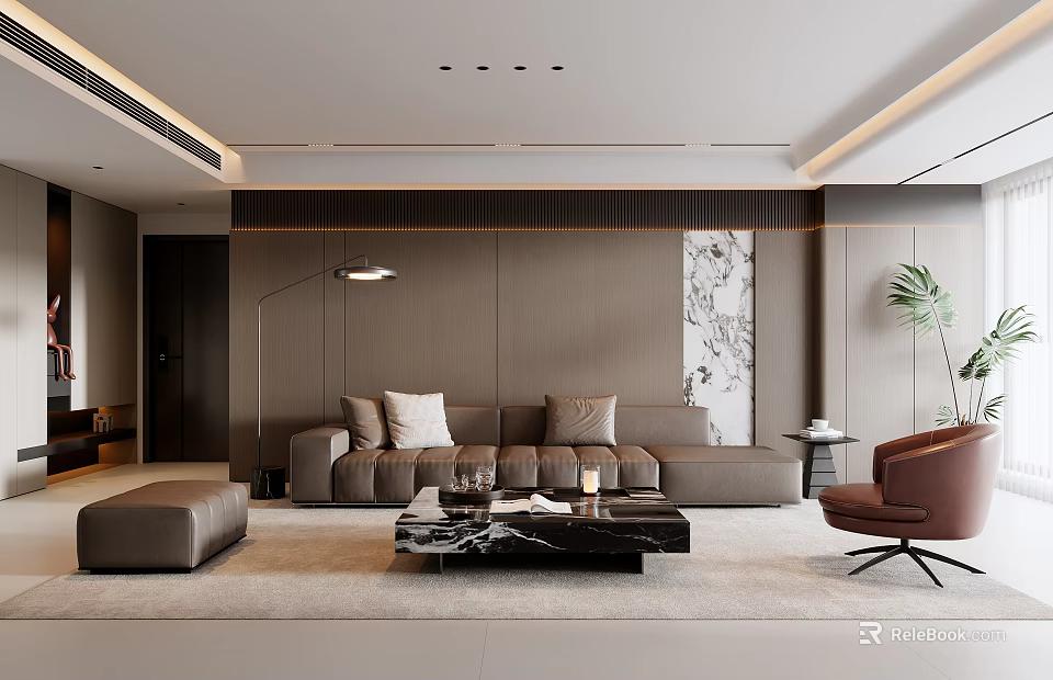 Modern Living Room Interior With Gray Sofa Black Marble Coffee Table And Brown Accent Chair 3d model 