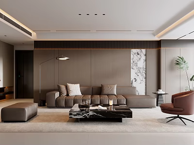 Modern Living Room Interior With Gray Sofa Black Marble Coffee Table And Brown Accent Chair 3d model