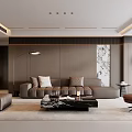 Modern Living Room Interior With Gray Sofa Black Marble Coffee Table And Brown Accent Chair