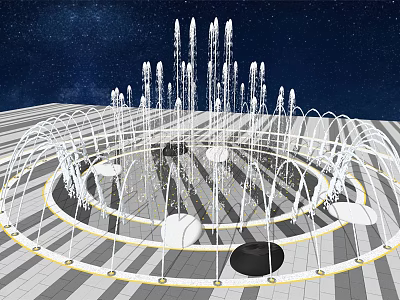 Stunning Circular Fountain With Illuminated Water Jets Under Starry Night Sky 3d model