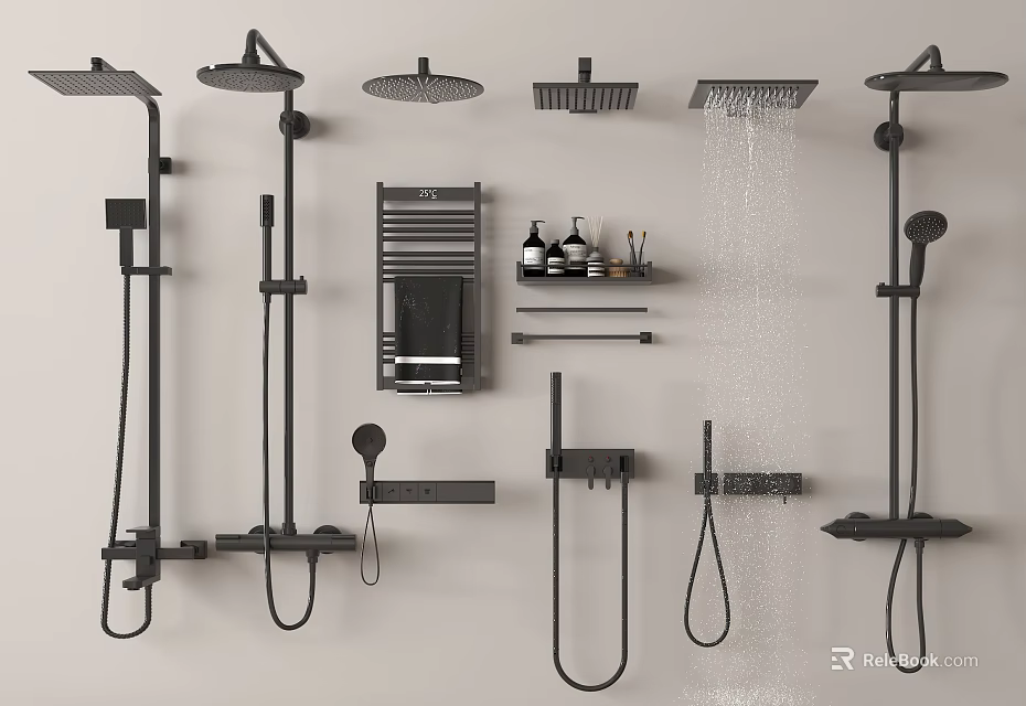 Modern Black Shower Heads Overhead And Handheld Systems With Bathroom Accessories 3d model 