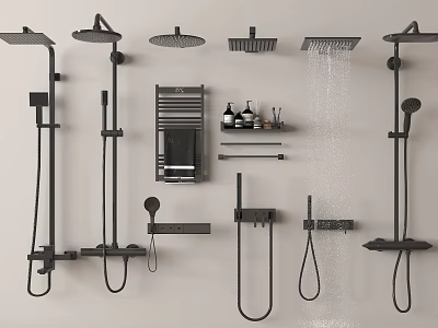 Modern Black Shower Heads Overhead And Handheld Systems With Bathroom Accessories 3d model