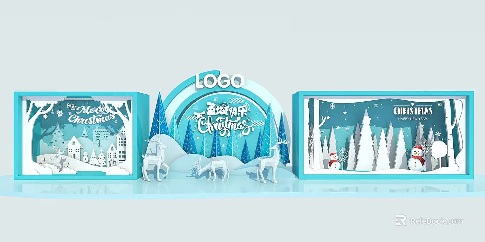 Festive Christmas Decoration Scene With Snowman Reindeer Trees Merry Christmas Greeting And Blue Theme 3d model 