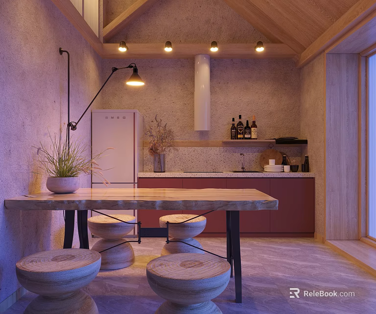 Modern Restaurant Kitchen Interior With Wooden Ceiling Marble Counter Island Red Cabinets And Stone Stools 3d model 