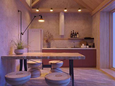 Modern Restaurant Kitchen Interior With Wooden Ceiling Marble Counter Island Red Cabinets And Stone Stools 3d model