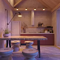 Modern Restaurant Kitchen Interior With Wooden Ceiling Marble Counter Island Red Cabinets And Stone Stools