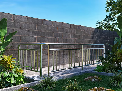Outdoor Stainless Steel Railing With Green Plants And Gray Stone Wall 3d model