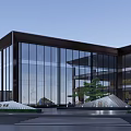 Modern Garden Landscape with Glass Curtain Wall Building and Front Tree Greenery