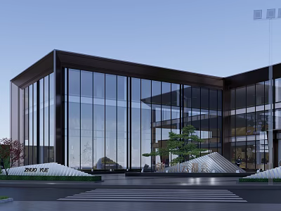 Modern Garden Landscape with Glass Curtain Wall Building and Front Tree Greenery 3d model