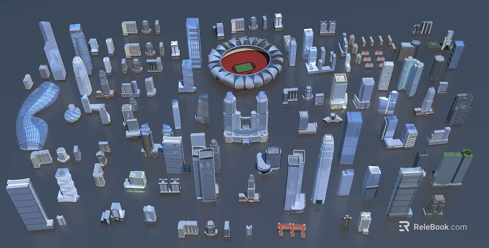 3D City Building Models Featuring Various High Rise Structures And Stadium 3d model 