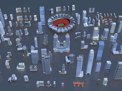 3D City Building Models Featuring Various High Rise Structures And Stadium 3d model
