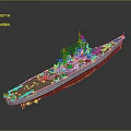 Detailed Battleship Weapon Model With Gray Hull Red Bottom Deck Turrets And Bridge
