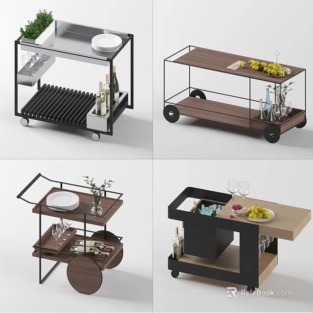 Modern Kitchen Carts With Wooden Tops Metal Frames And Storage For Fruit Wine Glasses 3d model 
