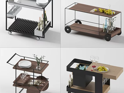 Modern Kitchen Carts With Wooden Tops Metal Frames And Storage For Fruit Wine Glasses 3d model