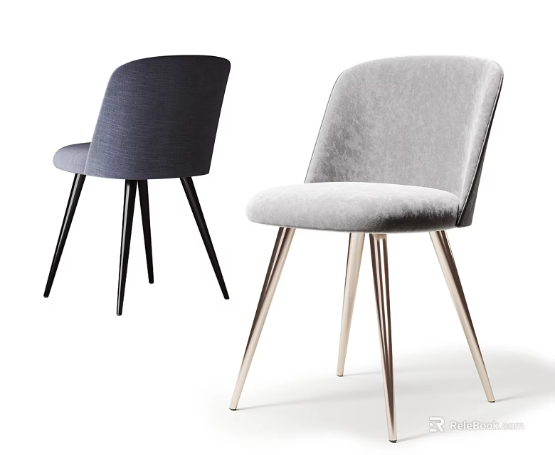 Modern Upholstered Dining Chairs in Dark Blue Light Gray with Black Gold Slim Legs 3d model 