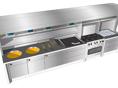 Stainless Steel Commercial Kitchen Appliances With Range Hood Stovetop Cooking Pots Grill And Oven 3d model
