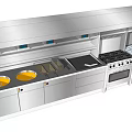 Stainless Steel Commercial Kitchen Appliances With Range Hood Stovetop Cooking Pots Grill And Oven