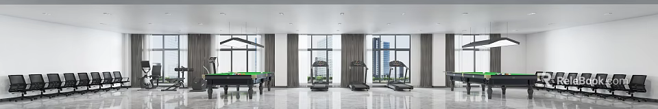 Modern Billiard Room Interior Design With Treadmills Large Windows And Curtains 3d model 