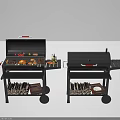 Black Outdoor Cooking Grills With Wheels Food On Top And Wood Storage Shelves
