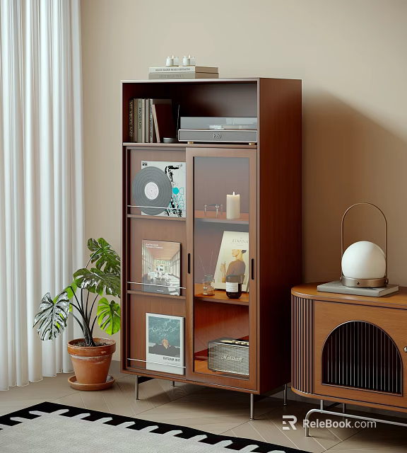 Decorative Cabinet With Glass Doors Displaying Vinyl Records Books Decor Items Candles Near Green Plant 3d model 
