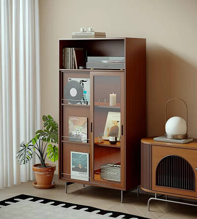 Decorative Cabinet With Glass Doors Displaying Vinyl Records Books Decor Items Candles Near Green Plant 3d model