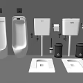 White Urinals In Modern Bathroom With Wall Mounted Sinks And Trash Bins
