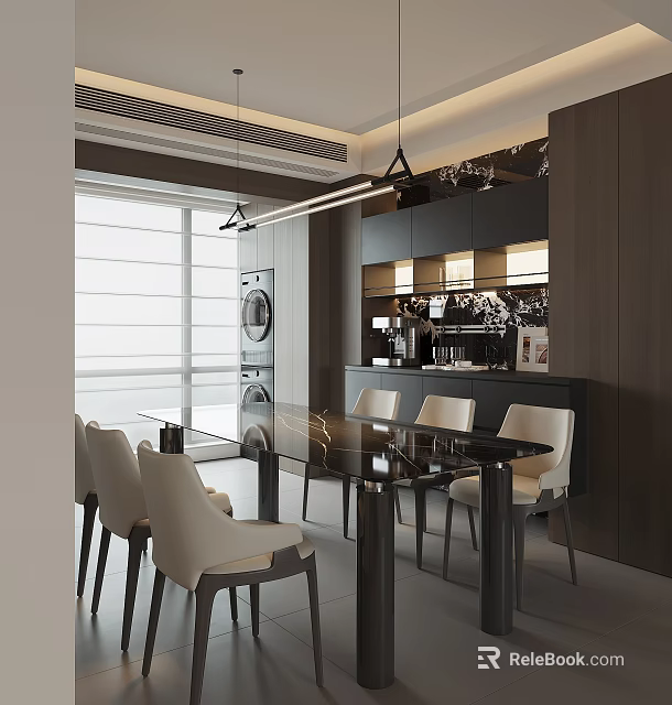 Modern Restaurant Interior With Glass Dining Table White Chairs And Hanging Lights 3d model