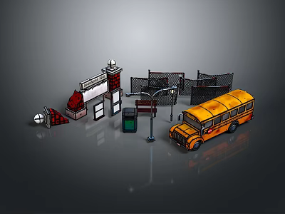 Yellow School Bus In School Scene With Building Street Lamp Trash Bin And Basketball Hoop 3d model