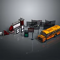 Yellow School Bus In School Scene With Building Street Lamp Trash Bin And Basketball Hoop