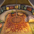 Decorative Garden Accent With Tent Like Outdoor Seating Area Grass Rug Cushions And Potted Plants