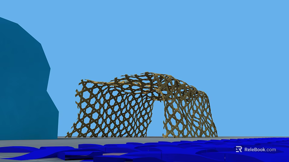 Modern Garden Landscape With Intricate Mesh Arch Structure And Blue Water Surface 3d model 