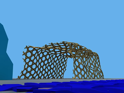 Modern Garden Landscape With Intricate Mesh Arch Structure And Blue Water Surface 3d model